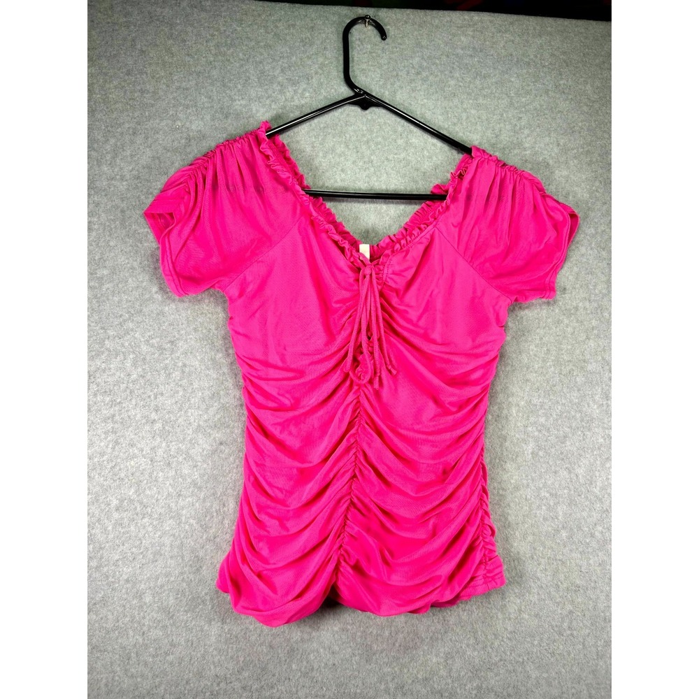 Feral Blouse Top Womens 2XL Fuchsia Stretch Ruched Ruffled V Neck Tie Front